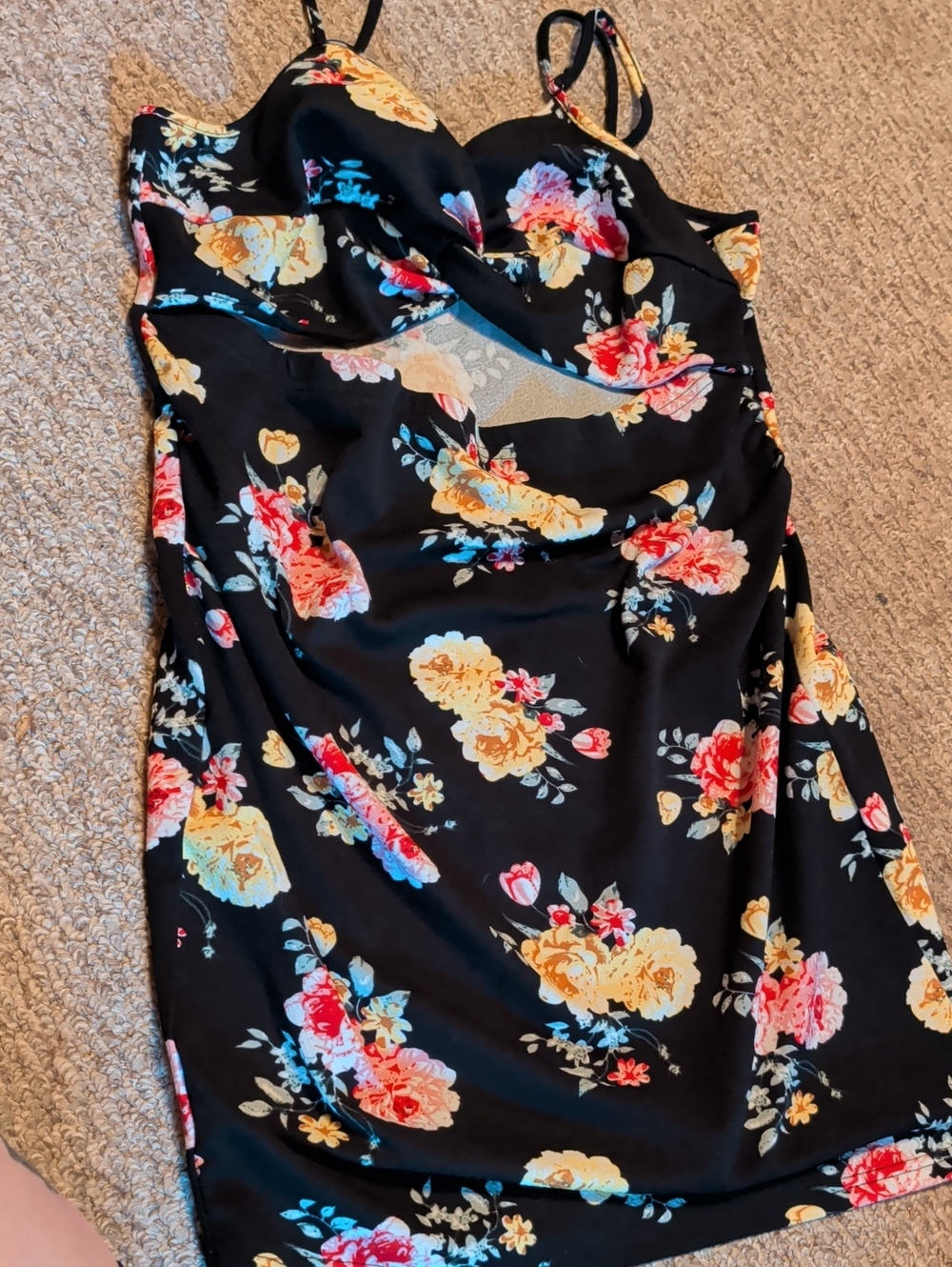 Black Floral Mini Dress with Front Slit. Yellow & Pink Blooms